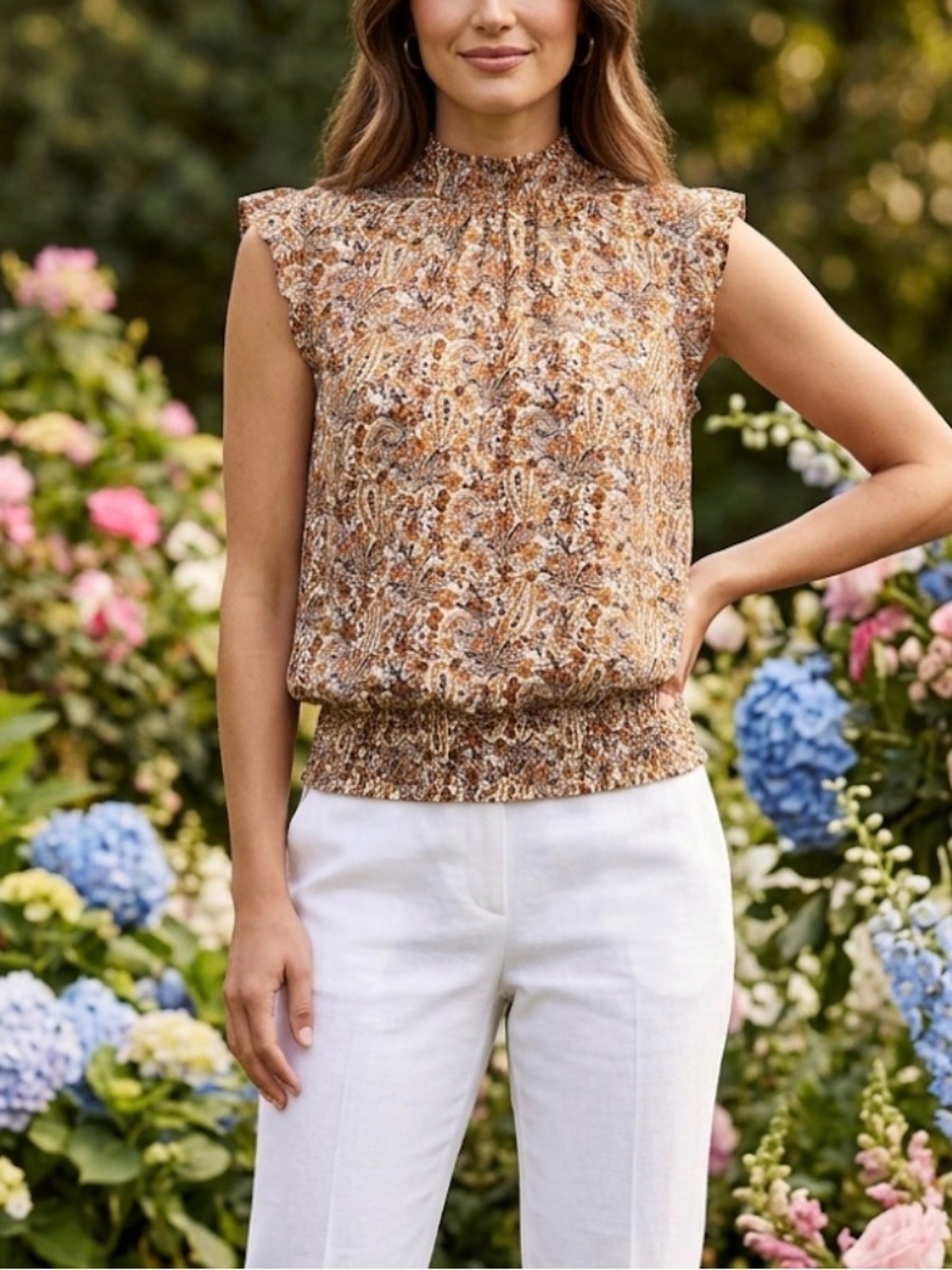 Elegant Paisley Print Cap Sleeve Blouse